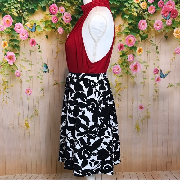 Red Flowy Top with Lace Neck Closure - Picture 2 of 8